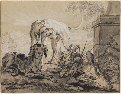 狩りの後：猪の頭の横に2頭の猟犬 作： Jean-Baptiste Oudry