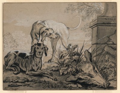 ドローイング『狩りの後：イノシシの頭の横にいる2頭の猟犬』1740年 作： ジャン・バプティスト・オードリー