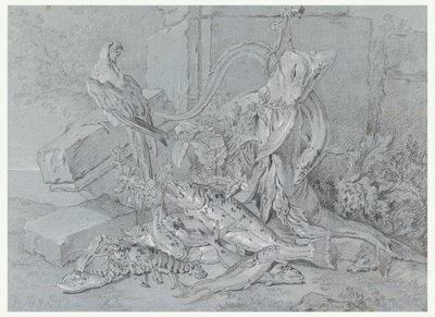 素描《魚とオウムのいる静物》1740年 作： ジャン・バプティスト・オードリー