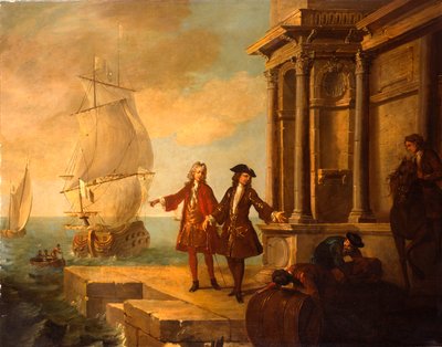 ヨーロッパ-岸壁でバレルとベールを扱うスティーブドアを備えたヨーロッパの商人、1724 作： Jean Baptiste Oudry