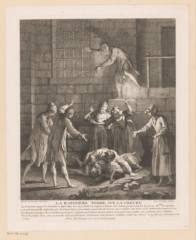 Man valt bovenop een geit La Rapinière がヤギに落ちる (オブジェクトのタイトル) Roman Comique van Scarron (シリーズ タイトル) のシーン 作： Jean Baptiste Oudry