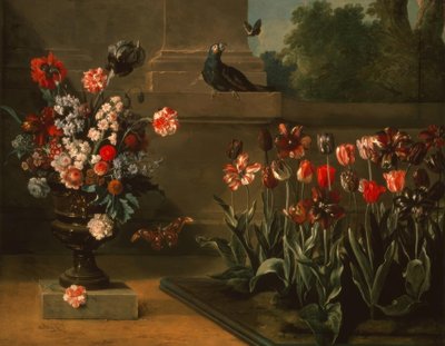 チューリップの花壇と壁のふもとの花瓶 作： Jean Baptiste Oudry