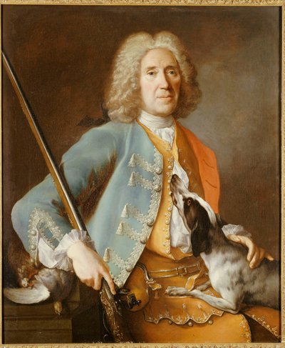 猟犬と一緒に銃を保持しているスポーツマンの肖像画 作： Jean Baptiste Oudry