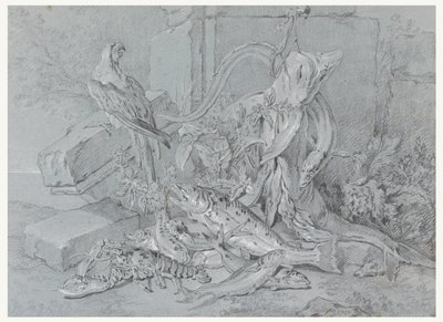 魚とオウムのある静物 作： Jean Baptiste Oudry