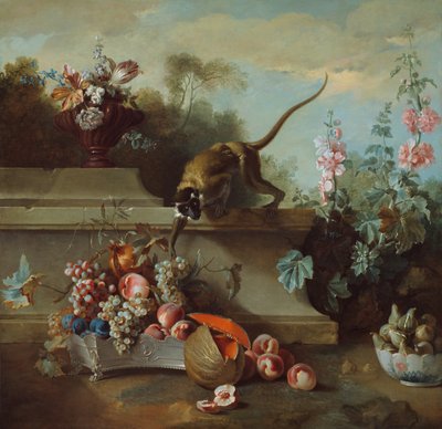 猿、果物、花のある静物 作： Jean Baptiste Oudry