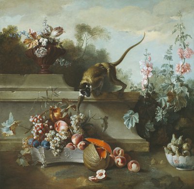 猿、果物、花のある静物、1724年 作： Jean Baptiste Oudry