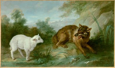 狼と子羊。ジャン・ド・ラ・フォンテーヌ（1621-1695）の寓話の挿絵。ジャン・バティスト・ウードリー（1686-1755）の絵画 作： Jean Baptiste Oudry
