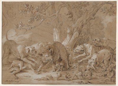 野生の雌豚と幼い犬による犬の攻撃、1748年。 作： Jean Baptiste Oudry