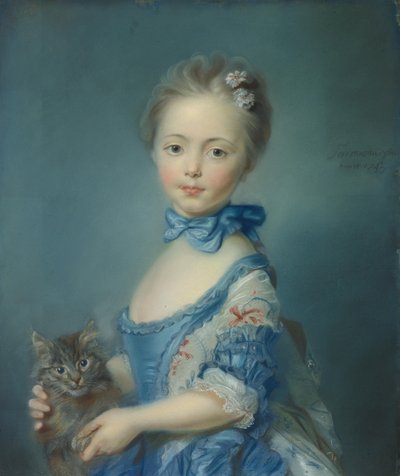 子猫を持つ少女、1745 作： Jean Baptiste Perronneau