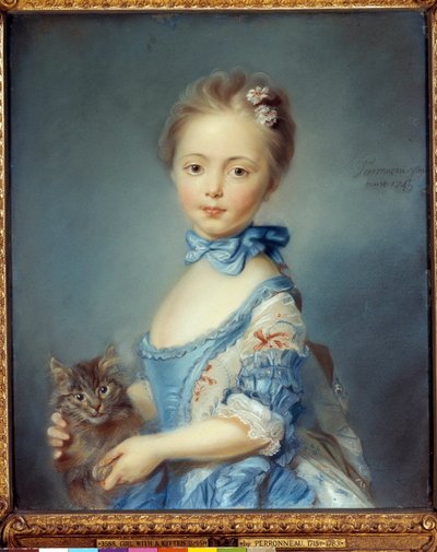 ジャン・バティスト・ペロノー（Jean Baptiste Perronneau）のパステル画による「猫を連れた少女の肖像」（1715～1783年 作： Jean Baptiste Perronneau