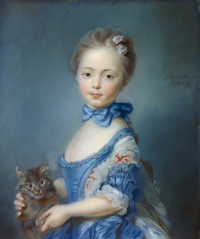 猫を連れた少女の肖像」 パステル画 ジャン・バティスト・ペロノー（Jean Baptiste Perronneau）（1715-1783）作 作： Jean Baptiste Perronneau