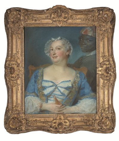 青いドレスの女性と黒い使用人の肖像 作： Jean Baptiste Perronneau
