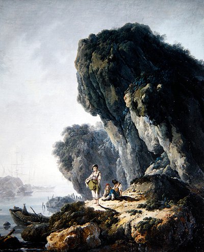 岩の上の人物がいる海岸の風景（油彩・キャンバス） 作： Jean Baptiste Pillement