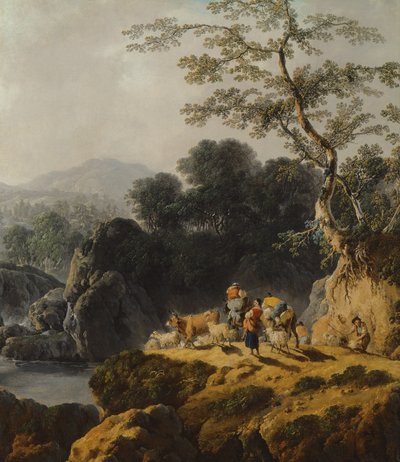 牧夫と旅行者のいる川渓谷の風景 作： Jean Baptiste Pillement