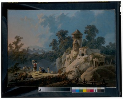 塔の下で群れを休ませる牧夫がいる広大な風景 作： Jean Baptiste Pillement