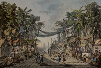 想像上のオリエンタル ポートの市場シーン、c。 1764年（キャンバスに油彩） 作： Jean Baptiste Pillement