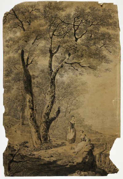 前景に二人の女性のいる森の風景 作： Jean Baptiste Pillement