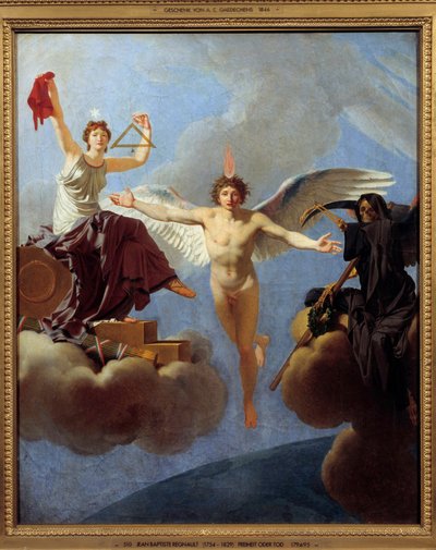 La Liberte ou la Mort 左側のAllegorie de la Liberteは、Siecle des Lumieresの遺産であるDiademe de la Reasonで覆われています。左手には、市民権の平等を象徴する正方形と鉛線を持っています。の価値を体現しています。 作： Jean Baptiste Regnault