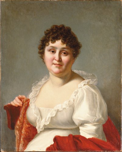 白いドレスと柿のショール（キャンバスに油彩）を着たバスト丈のマダム・レグノーの肖像画 作： Jean Baptiste Regnault