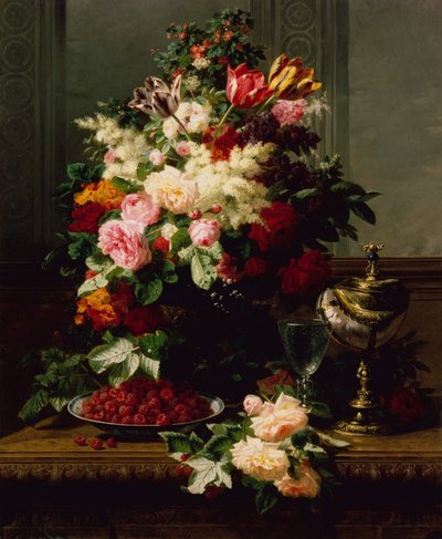 ドイツのコンポートの上のバラ、チューリップ、その他の花の静物 作： Jean Baptiste Robie
