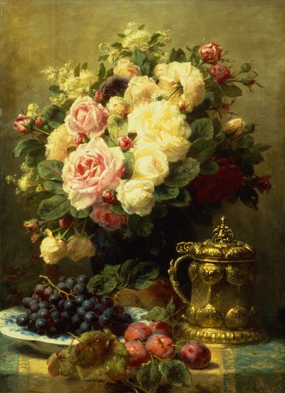 テーブルの上のバラの花瓶とタンカード（キャンバスに油彩） 作： Jean Baptiste Robie