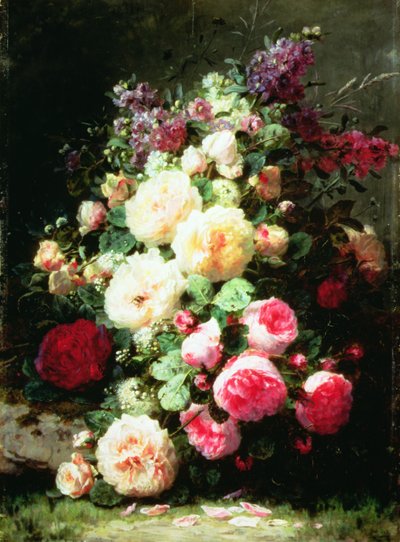 苔むした土手のバラのある静物（パネルに油彩） 作： Jean Baptiste Robie