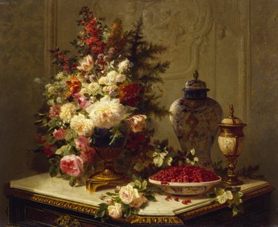 花とラズベリーのある静物（パネルに油彩） 作： Jean Baptiste Robie