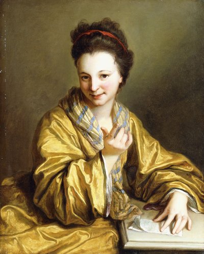 テーブルに座って黄色いローブを着た若い女性、ベッコニング、1703年 作： Jean Baptiste Santerre