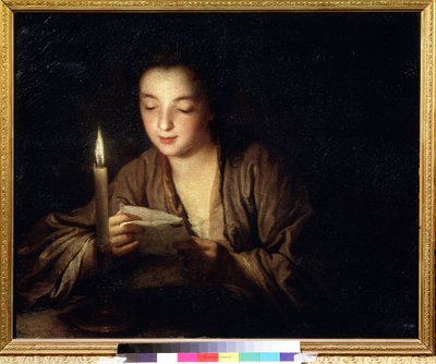 ろうそくを持つ少女。 Jean Baptiste Santerre (1658-1717) による絵画。 キャンバスに油彩、64 x 79 cm、1700 年頃。18 世紀のフランスの芸術。 プーシキン美術館、モスクワ。 作： Jean Baptiste Santerre