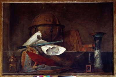 科学の寓意 静物、地球儀、地理地図、本、花瓶。ジャン・バティスト・シメオン・シャルダン（1699-1779）の絵画 18世紀 パリ、ジャクマール美術館 アンドレ 作： Jean Baptiste Simeon Chardin