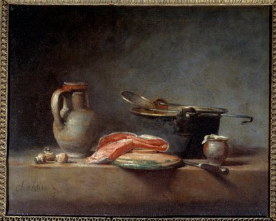 銅鍋、スキマー、水差し、鮭の切り身。静物画。ジャン・バティスト・シメオン・シャルダン（1699年～1779年 作： Jean Baptiste Simeon Chardin