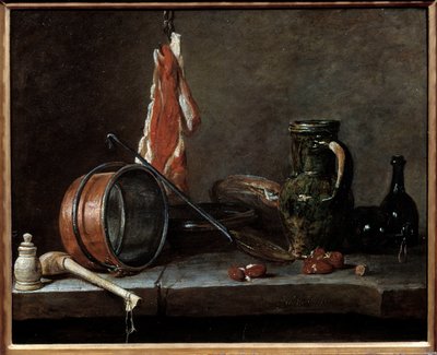 太ったメニューとキッチン用品。静物画。ジャン・バティスト・シメオン・シャルダン（1699-1779）の絵画 作： Jean Baptiste Simeon Chardin