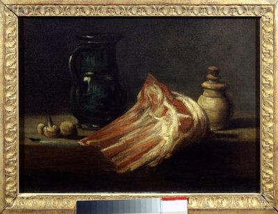 キッチンテーブルと羊の正方形の調理器具。ジャンバティストシメオンシャルダンの絵画 作： Jean Baptiste Simeon Chardin