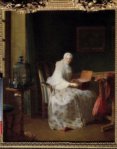 La serinette ou dame variant ses amusements ジャン・バティスト・シメオン・シャルダン（1699-1779）の絵画 18世紀 日0.50 x 0.43 m 作： Jean Baptiste Simeon Chardin