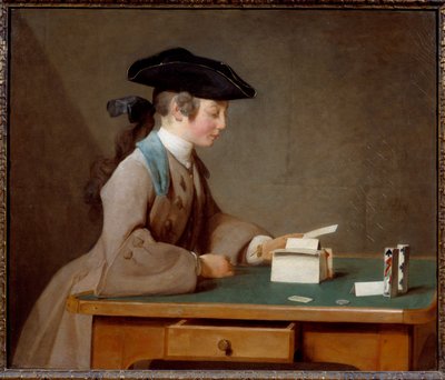 Le chateau de cartes ou le son de monsieur Le Noir ジャン・バティスト・シメオン・シャルダン(1699-1779)の絵画 1737 Sun.0,6x0,71 m ロンドン、ナショナル・ギャラリー - カードの家（またはノワール氏の息子） - ジャン・バティスト・シメオン・シャルダン（1699-1779）の絵画、油彩 作： Jean Baptiste Simeon Chardin