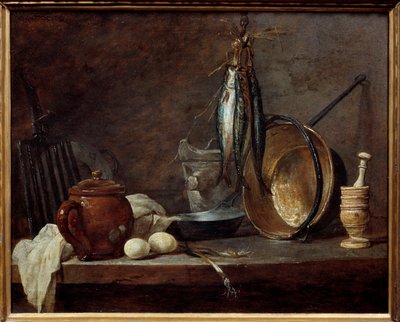 リーンのメニューとキッチン用品。静物画。ジャン・バティスト・シメオン・シャルダン（1699-1779）の絵画 作： Jean Baptiste Simeon Chardin