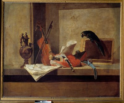 楽器とオウム ジャン・バティスト・シメオン・シャルダン（1699-1779）の絵画 18世紀 個人蔵 作： Jean Baptiste Simeon Chardin