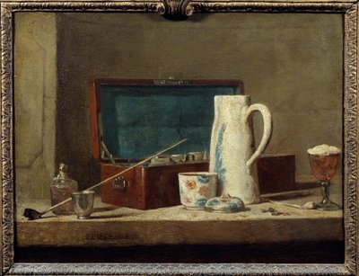 飲み物や煙草を入れるパイプと花瓶 ジャン・バティスト・シメオン・シャルダン（1699-1779）の絵画 18世紀 日0.32 x 0.42 m. パリルーヴル美術館 作： Jean Baptiste Simeon Chardin