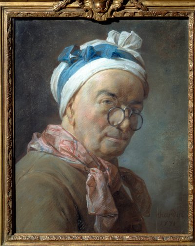 ジャン・バティスト・シメオン・シャルダン（1699-1779）のベシクル・ペインティングに語られた自画像。1771.薄暗い。0.459×0.375メートル。 作： Jean Baptiste Simeon Chardin