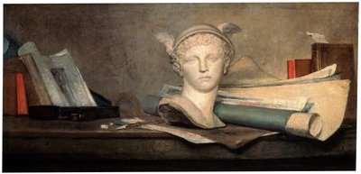 芸術の属性のある静物、18世紀。 作： Jean Baptiste Simeon Chardin