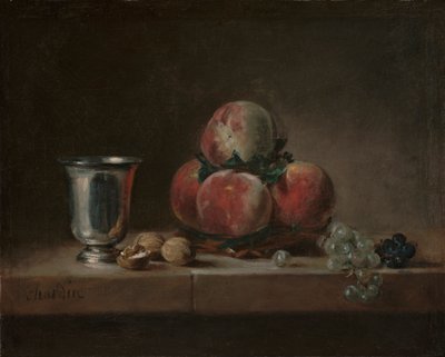 桃、銀のゴブレット、ブドウ、クルミのある静物、1759-60年頃（キャンバスに油彩） 作： Jean Baptiste Simeon Chardin