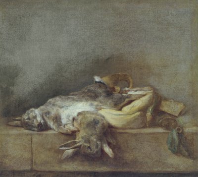 ウサギのある静物、ゲームバッグ、パウダーホーン、1755年頃 作： Jean Baptiste Simeon Chardin