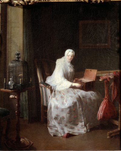 カナリア」または「遊びを変える女」 - 油彩・キャンバス 作： Jean Baptiste Simeon Chardin
