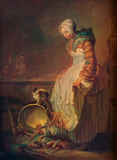 18世紀の子猫を持つ女性 作： Jean Baptiste Simeon Chardin