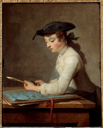 若い漫画家が鉛筆を彫る様子。ジャン・バティスト・シメオン・シャルダン（1699-1779）の絵画 作： Jean Baptiste Simeon Chardin