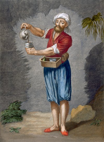 ストリートコーヒーベンダー、ジェラールスコティン（1671-1716）、1707-08（coloure）によって刻まれた「レヴァントのさまざまな国を表す100枚の版画のコレクション」からの版56 作： Jean Baptiste Vanmour