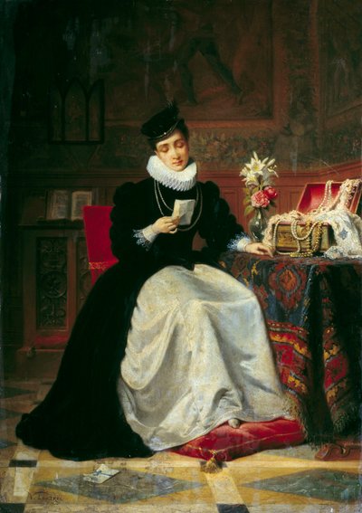 手紙を読む女 絵画 ジェア＝バティスト・ヴィクトール・ロートレル（1821-1908） 19世紀 日0.48x0.34 m ルーアン、ミュゼ・デ・ボザール 作： Jean Baptiste Victor Loutrel