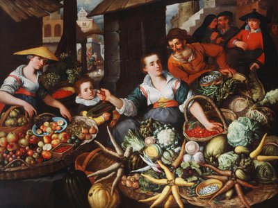 町の市場での果物と野菜の屋台、 作： Jean Baptiste de Saive