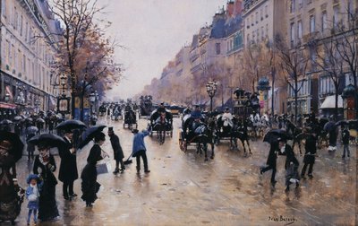 雨のポワソニエール大通り、1880年頃（油彩・カンヴァス） 作： Jean Beraud