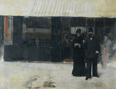 ジュエリーショップの前のカップル（キャンバスに油彩） 作： Jean Beraud